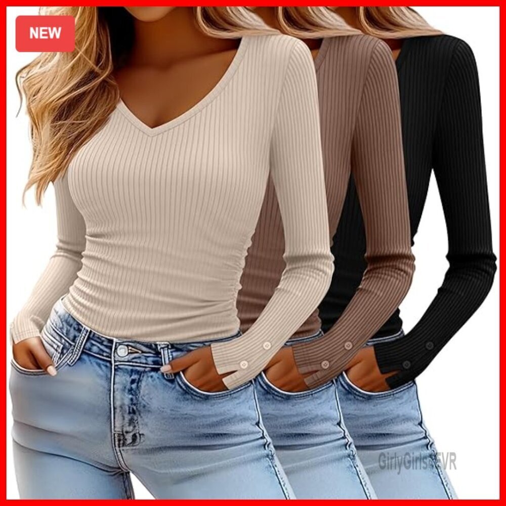 3 Pack Women's Long Sleeve V-Neck Ribbed Knit Slim Fit Stretch Tees